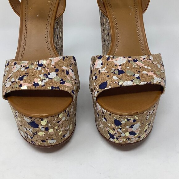 Tory Burch Solana Confetti cork wedges 8.5M sandals brown leather ankle strap - Picture 3 of 9